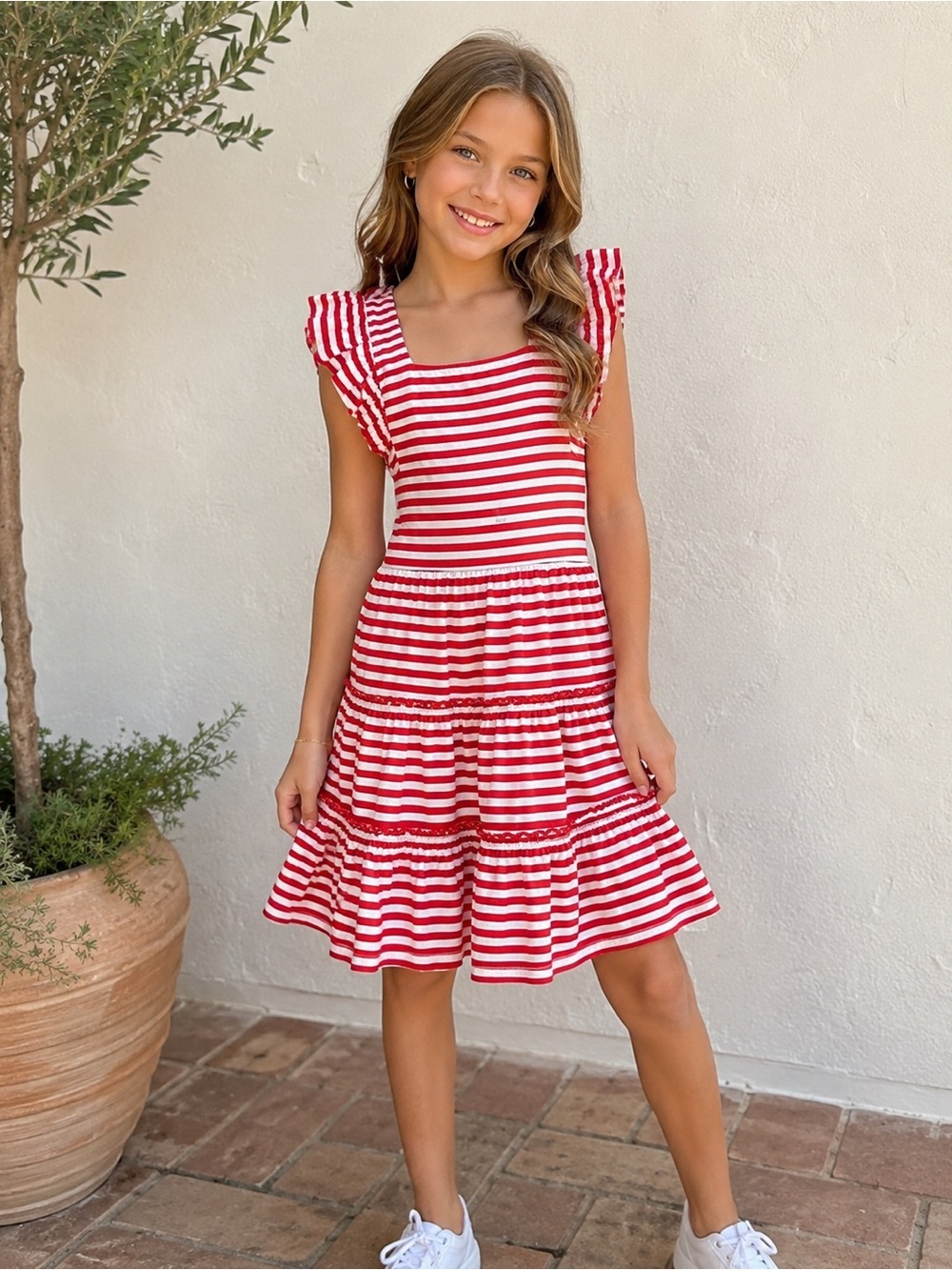Ralph Lauren Red and White Striped Ruffle Sleeve Dress